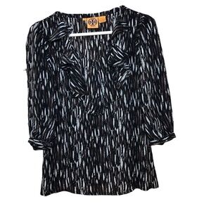 Tory Burch Waterfall Ruffle Graphic Design 3/4 Sleeve 100% Silk Blouse S…